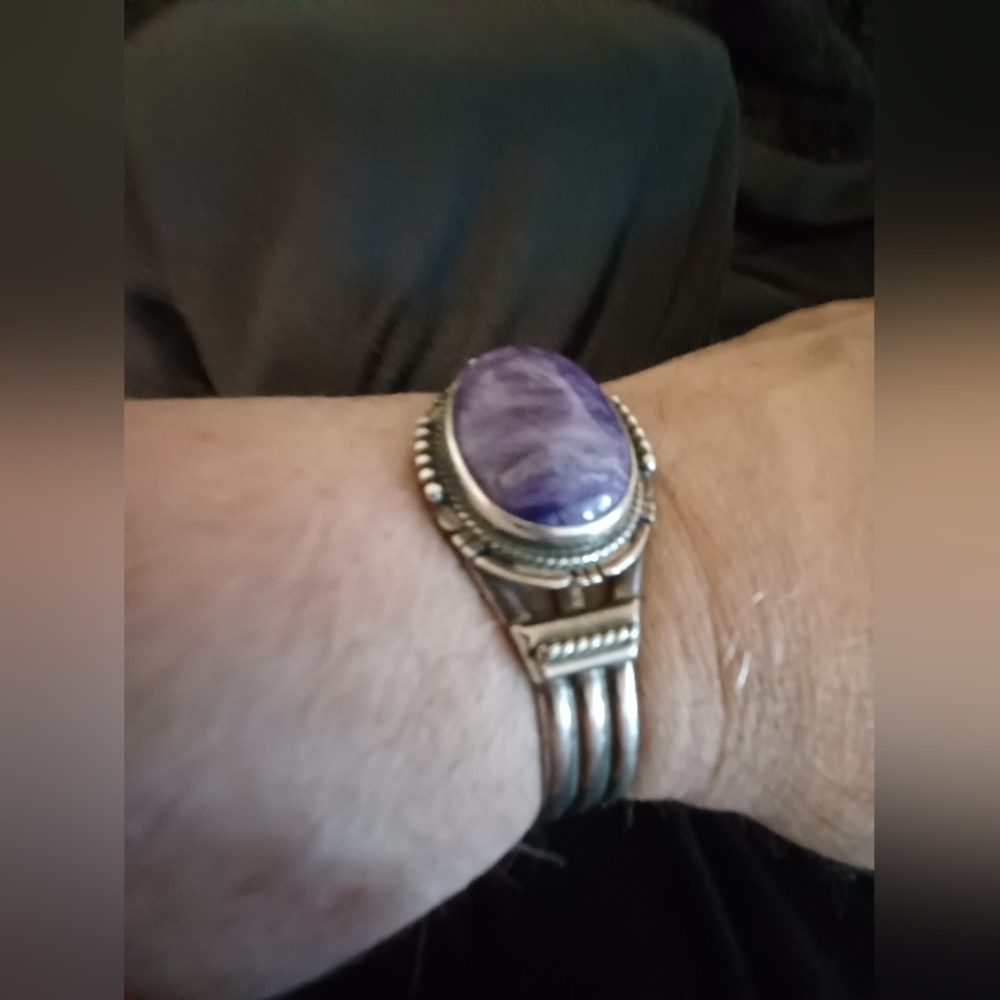 Sterling Silver Cuff Bracelet with Charoite Cabachon